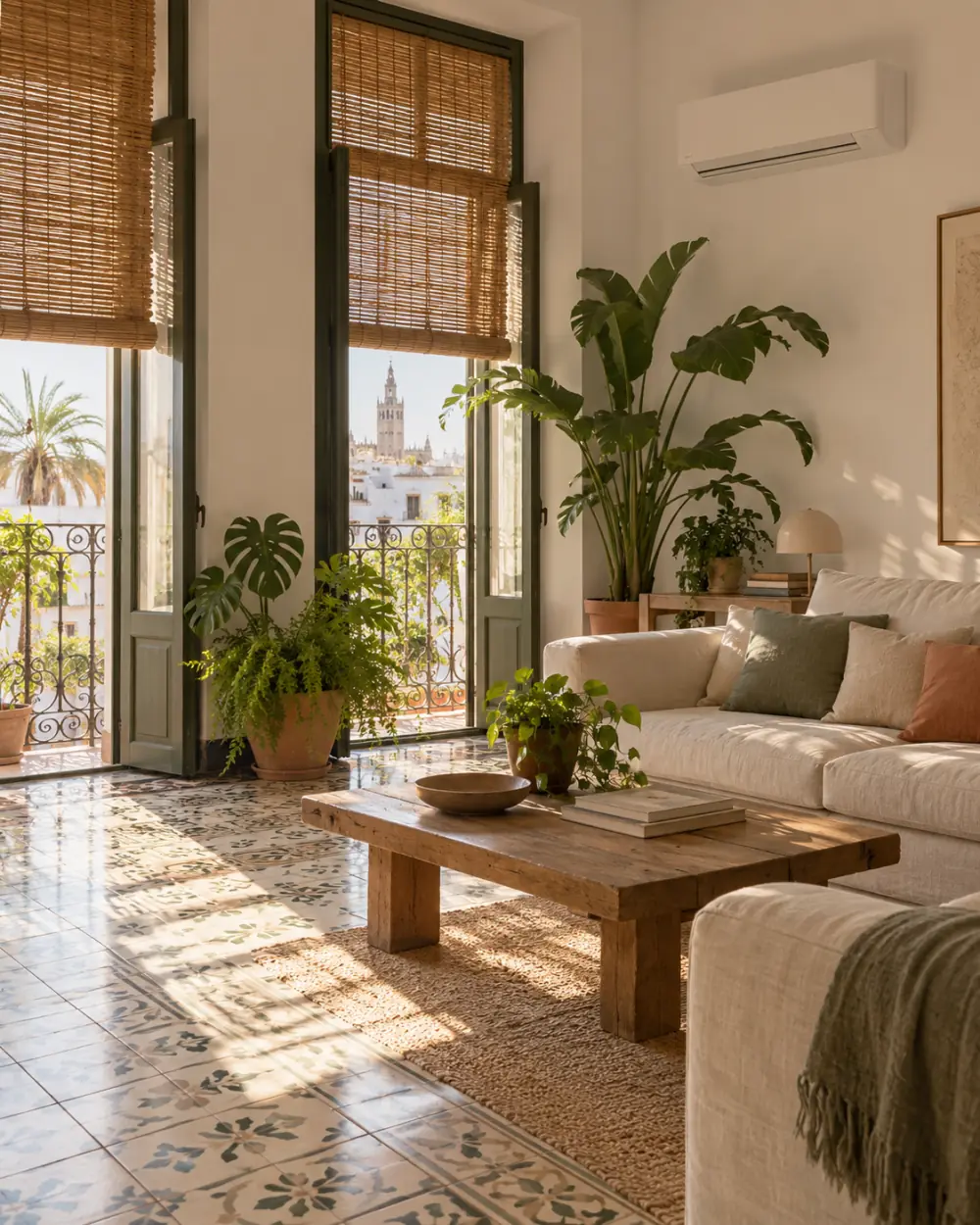 Salón luminoso y fresco con persianas de esparto y una unidad de climatización en la pared