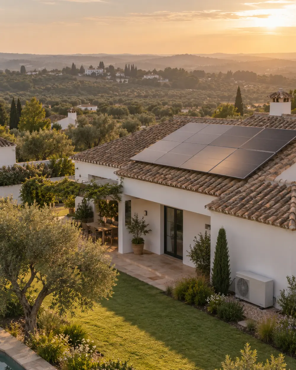 Casa unifamiliar con placas solares en el tejado y la unidad de aerotermia junto a la fachada