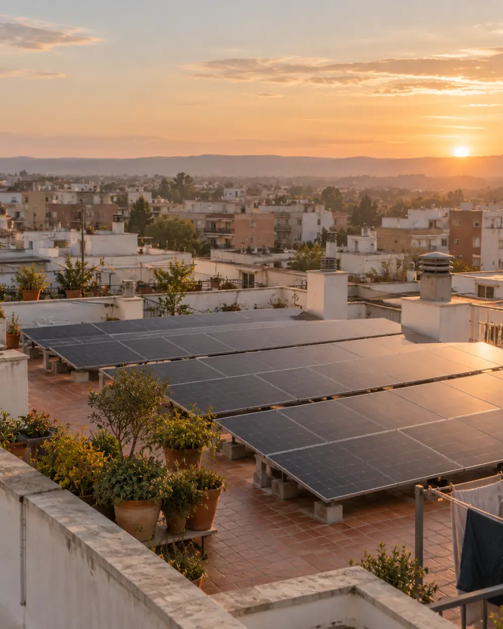 Azotea de un edificio de viviendas con una instalación solar compartida entre vecinos