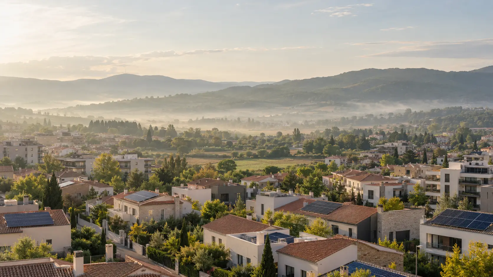 Barrio residencial español con placas solares en varios tejados a primera hora de la mañana
