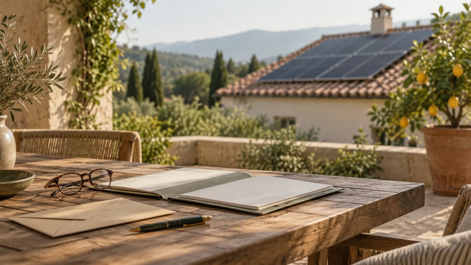 Mesa con la documentación para pedir las subvenciones de las placas solares y, al fondo, un tejado con paneles